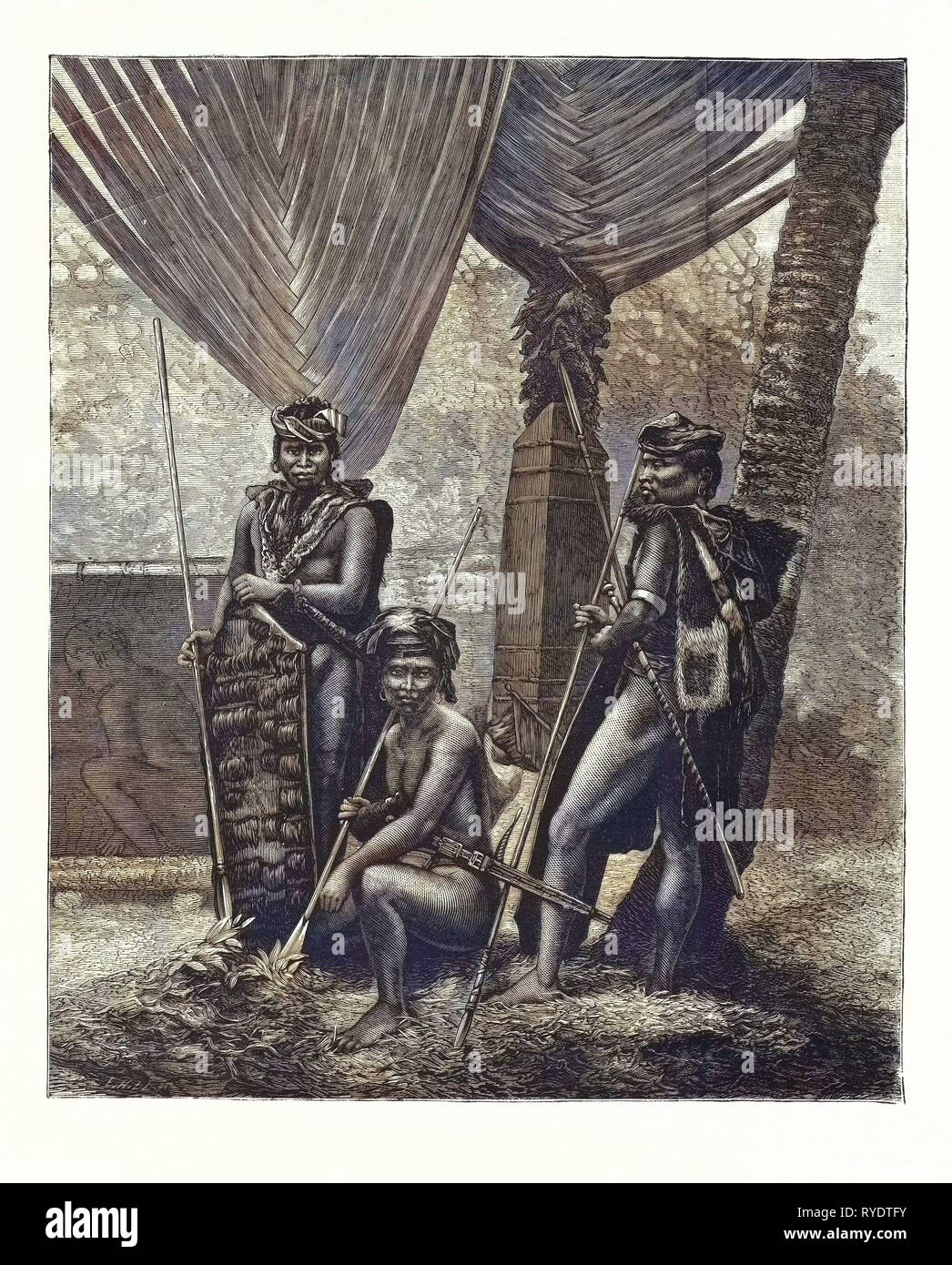 Den letzten Piraterie am Straits Settlements: Dyaks von Borneo, Gravur 1876 Stockfoto