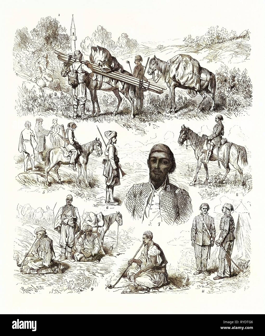 Der Krieg im Osten, Arten der Türkische Soldateska, I.-Rayah. 2.-Soldaten der militärischen Zug. 3.-Escort. 4,- Transport von Zelten. 5-Knecht Offiziere" 3. 6 - Gendarmerie, oder Zaptichs. 7. - Lmaun eines Bataillons, Gravur 1876 Stockfoto
