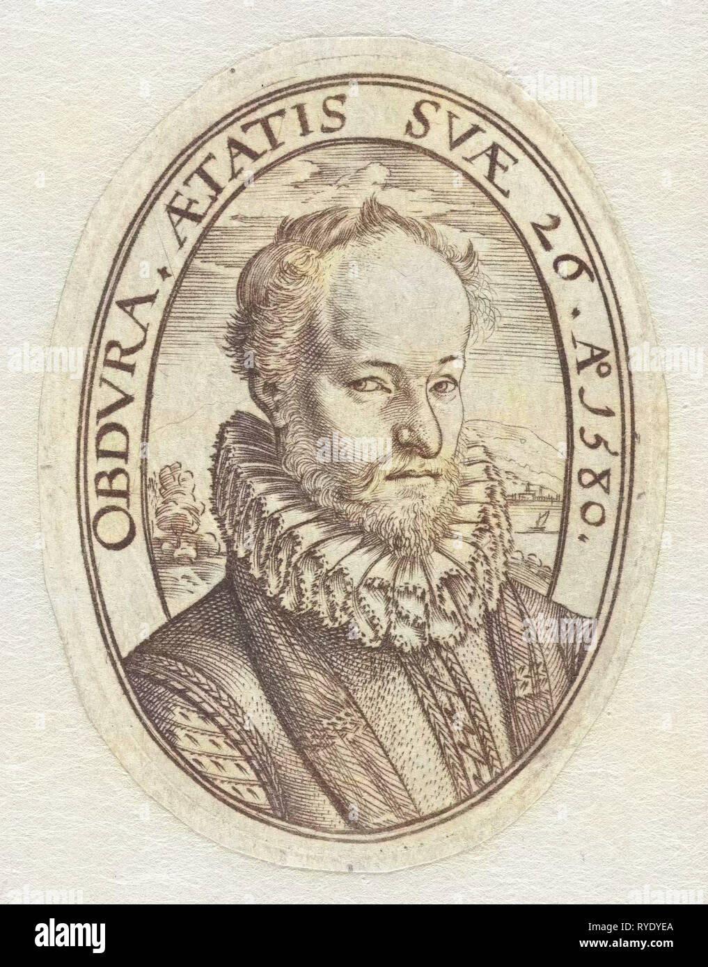 Portrait Büste eines jungen Mannes mit Bart, in oval mit lateinischer Inschrift, gehört zu einer Familie Crest, drucken Teekocher: Hendrick Goltzius, Dating 1580 Stockfoto