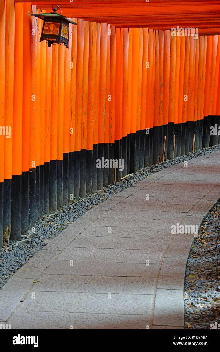 Blick auf rote tori Tore mit Säulen am Fushimi Inari Taisha Shrine, an der Basis der Inari Berg in Kyoto, Japan. Stockfoto
