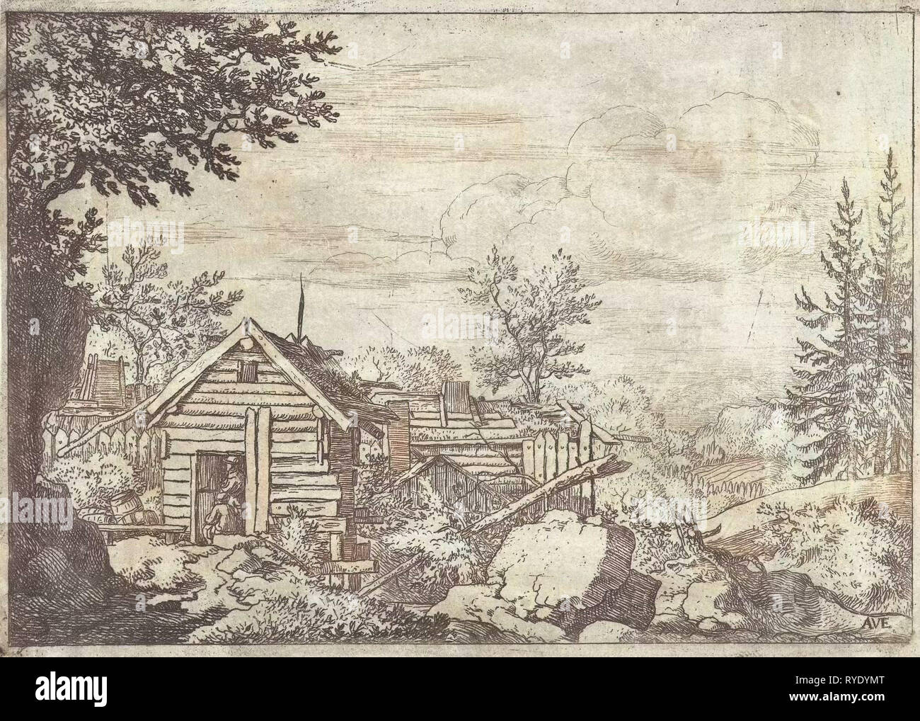 Landschaft mit zwei Männern in der Tür eine Holzhütte, Allaert van Everdingen, 1631-1675 Stockfoto