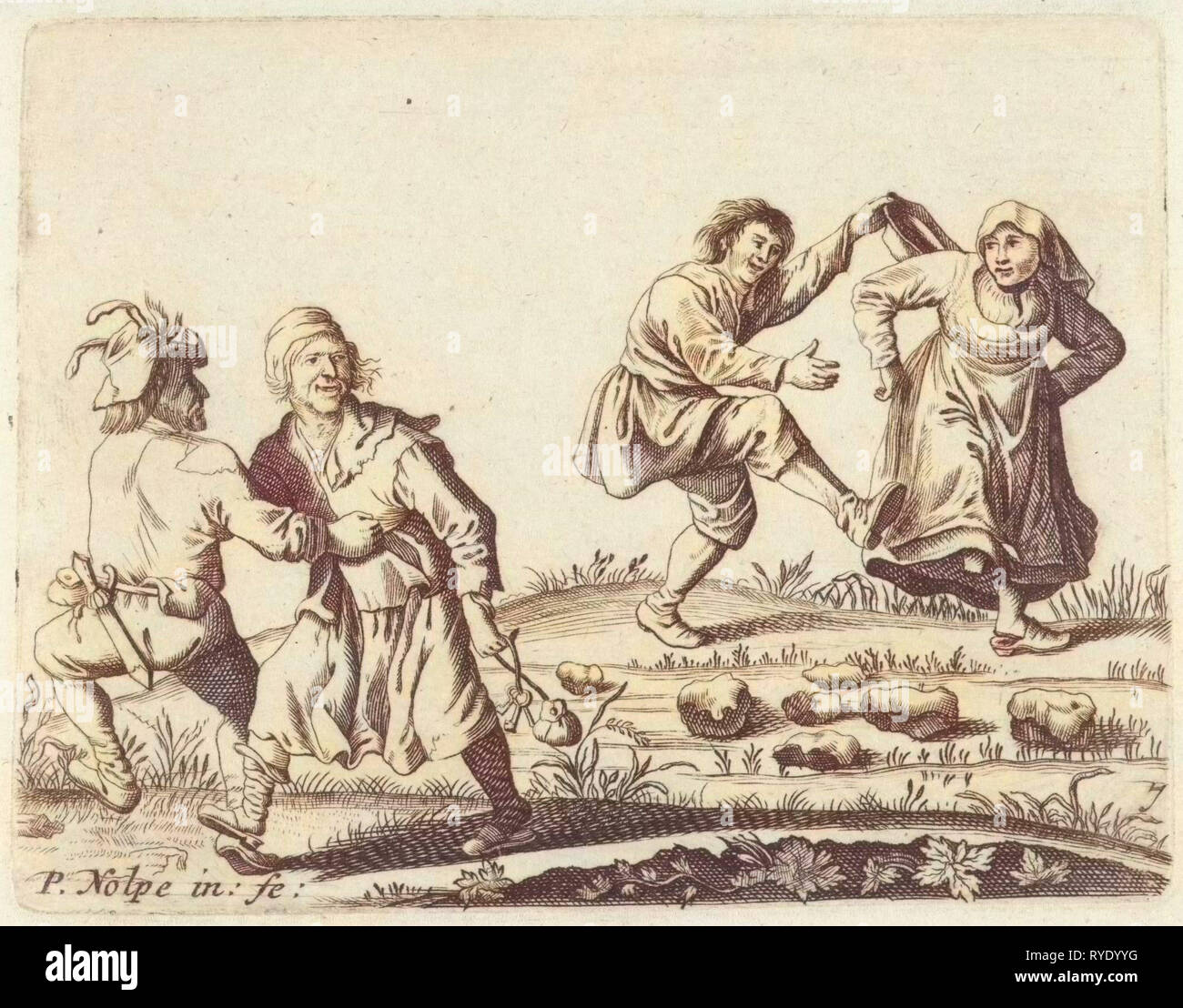 Zwei Paare von Bauern tanzen, Anonymous, Pieter Jansz. Quast, 1623-1703 Stockfoto
