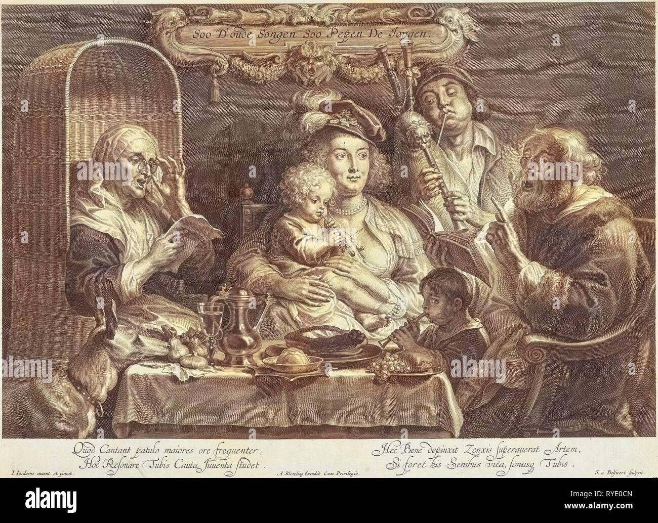 Eine Mutter sitzt mit einem kleinen Kind spielen Flöte auf ihrem Schoß auf einem gedeckten Tisch, neben ihrer Blasen ihren Mann mit dicken Backen auf einem dudelsack und ein kleiner Junge spielt eine Flöte, während sein Großvater und Großmutter, beide mit Gläsern, Singen, drucken Teekocher: Schelte Adamsz. Bolswert (auf Objekt erwähnt), 1638 - 1659 Stockfoto