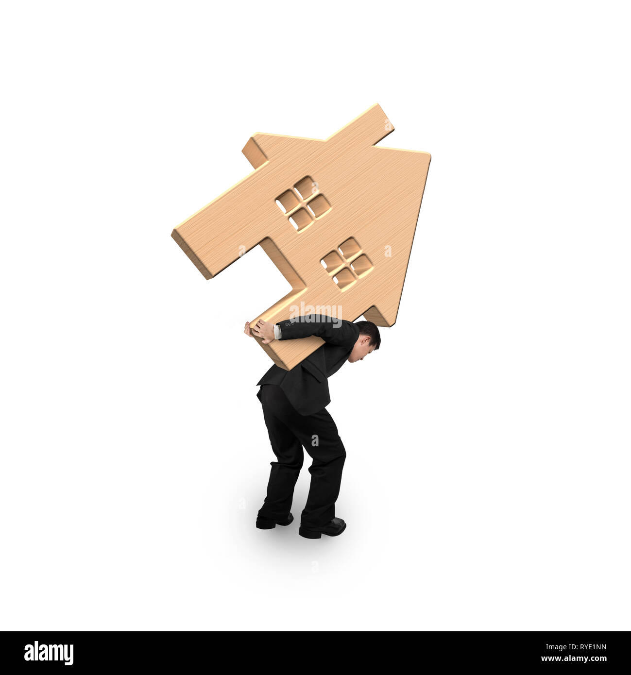 Mann, der Holz- Haus auf seinem Rücken, isoliert auf Weiss. Stockfoto