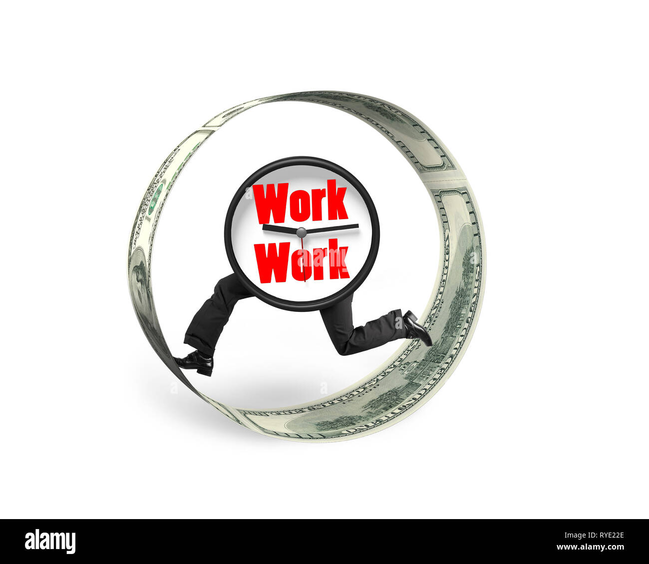 Uhr mit menschlichen Beinen und Arbeit Wörter auf Zifferblatt, laufen in Geld Kreis, auf weißem Hintergrund. Stockfoto