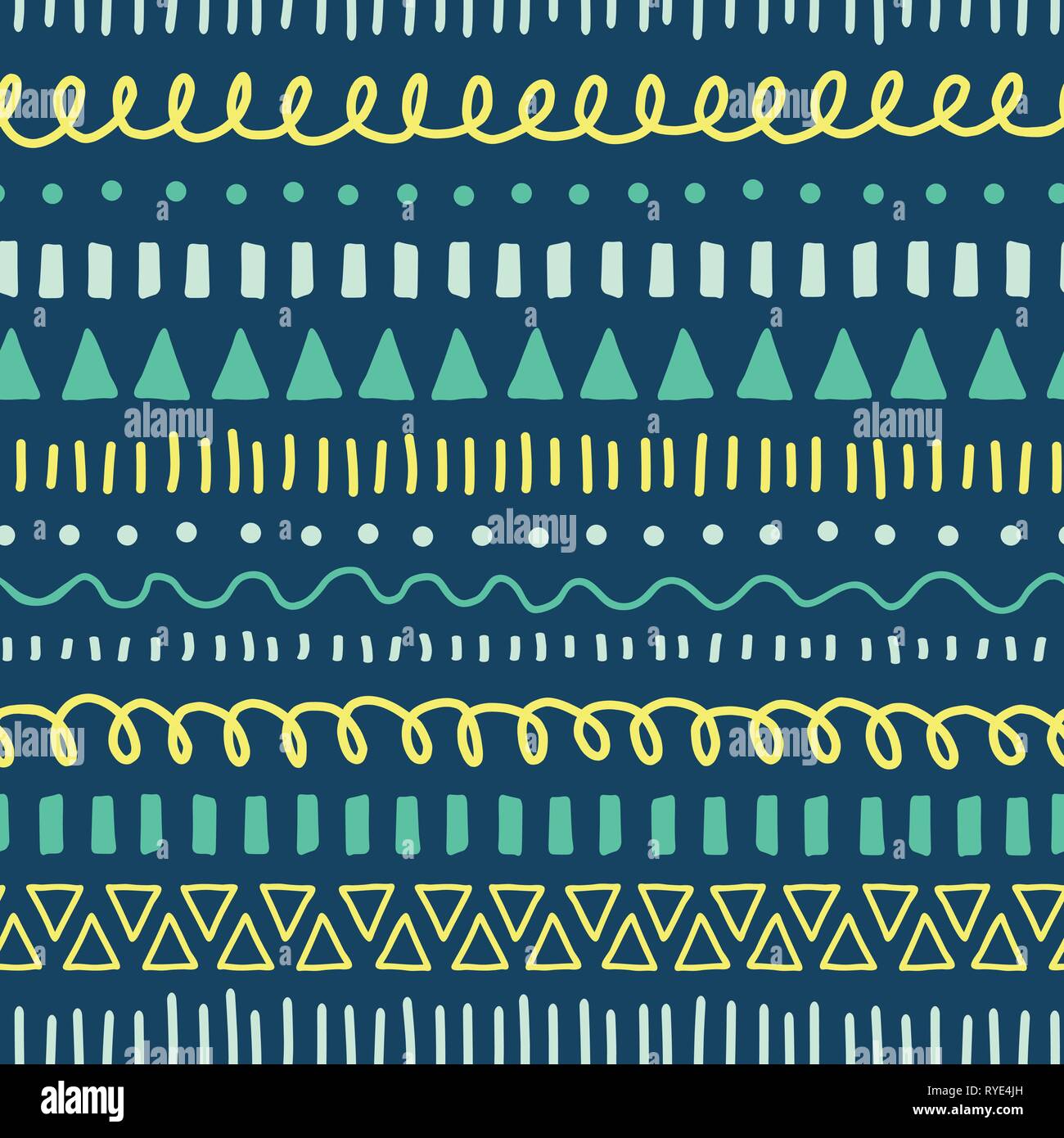 Tribal Doodles nahtloses Vektor-Muster. Ethnischer Hintergrund weiß, blau, gelb, blaugrün. Von Hand gezeichnete Doodle-Striche, Linien, Dreiecke wiederholen sich Stock Vektor