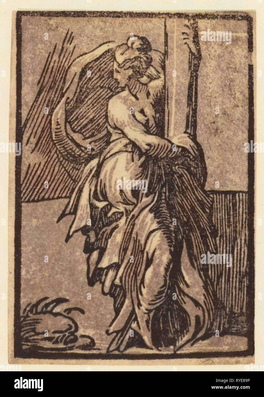 Stärke, der zwischen 1530 und 1550, Chiaroscuro Holzschnitt, allegorischen Drucken zeigt eine sitzende Frau auf eine Spalte Stockfoto