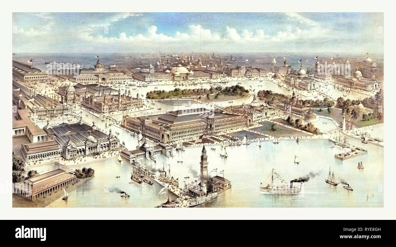 Grand Birds Eye View auf das Gelände und die Gebäude der Großen Columbian Exposition bei Chicago, Illinois, 1892 1893, im Gedenken an den 400. Jahrestag der Entdeckung Amerikas durch Christoph Kolumbus. Circa 1892, US, USA, Nordamerika Stockfoto