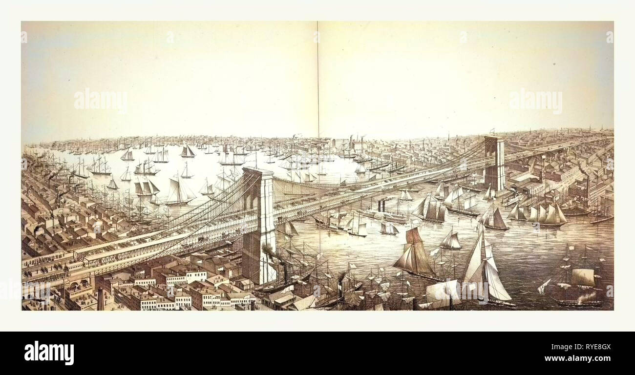 Aus der Vogelperspektive die große Hängebrücke und verbindet die Städte New York und Brooklyn von New York nach Südosten, Circa 1883, US, USA, Nordamerika Stockfoto