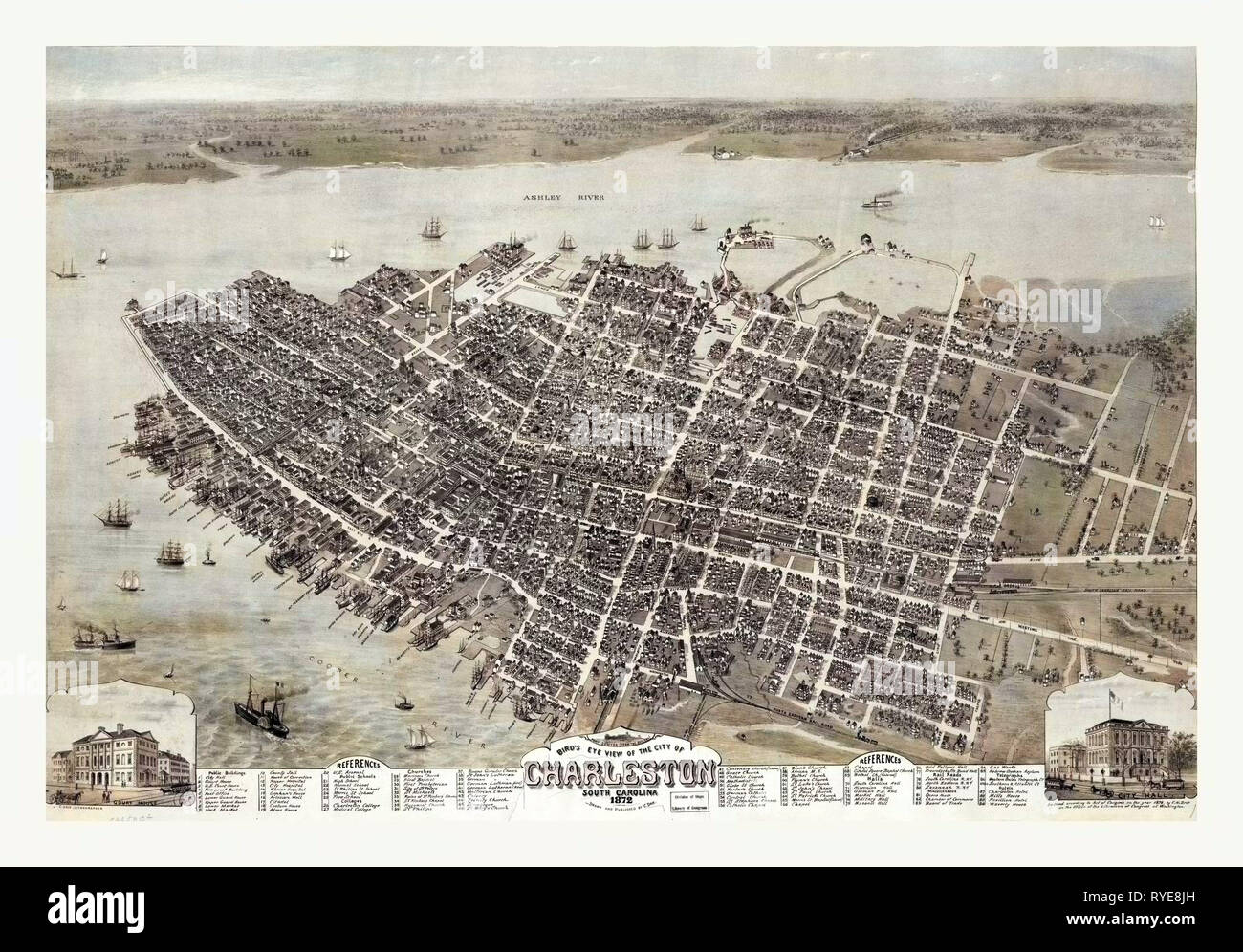Vogelperspektive der Stadt Charleston South Carolina, ca. 1872, USA, USA, Amerika Stockfoto
