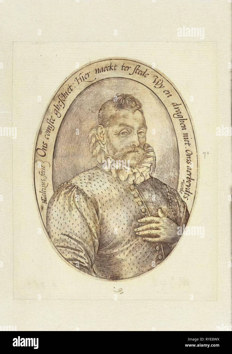 Oval mann Portrait mit halber Länge, die linke Hand auf die Brust, mit plissiertem Kragen und knöpfte seine Jacke auf der Brust. Inschrift auf Niederländisch. Gegenstück von ähnlichen Porträt einer Frau, drucken Teekocher: Hendrick Goltzius (auf Objekt erwähnt), 1581 - 1585 Stockfoto