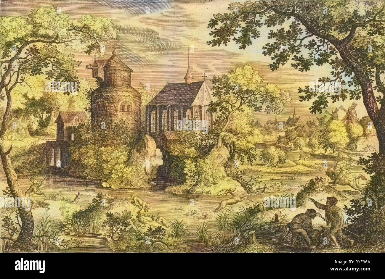 Hirschjagd mit einer Kapelle drucken Hersteller: Jan van Londerseel, Jacob Savery ich, 1602-1625 Stockfoto