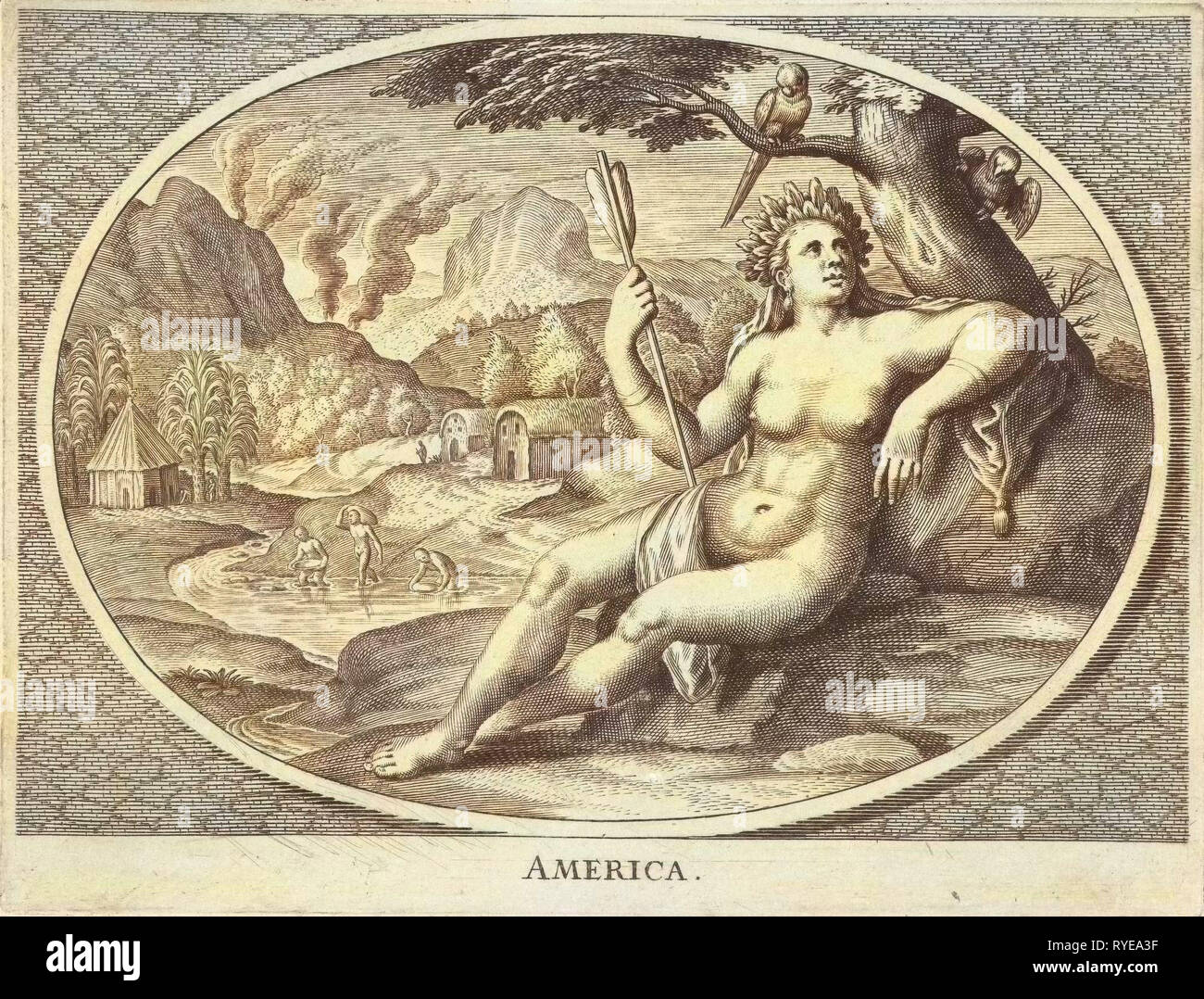 Weibliche Verkörperung von Amerika Kontinent als Frau mit Kopfschmuck von Federn und Pfeil in Landschaft, Cornelis Van Dalen II., 1648 - 1664 Stockfoto
