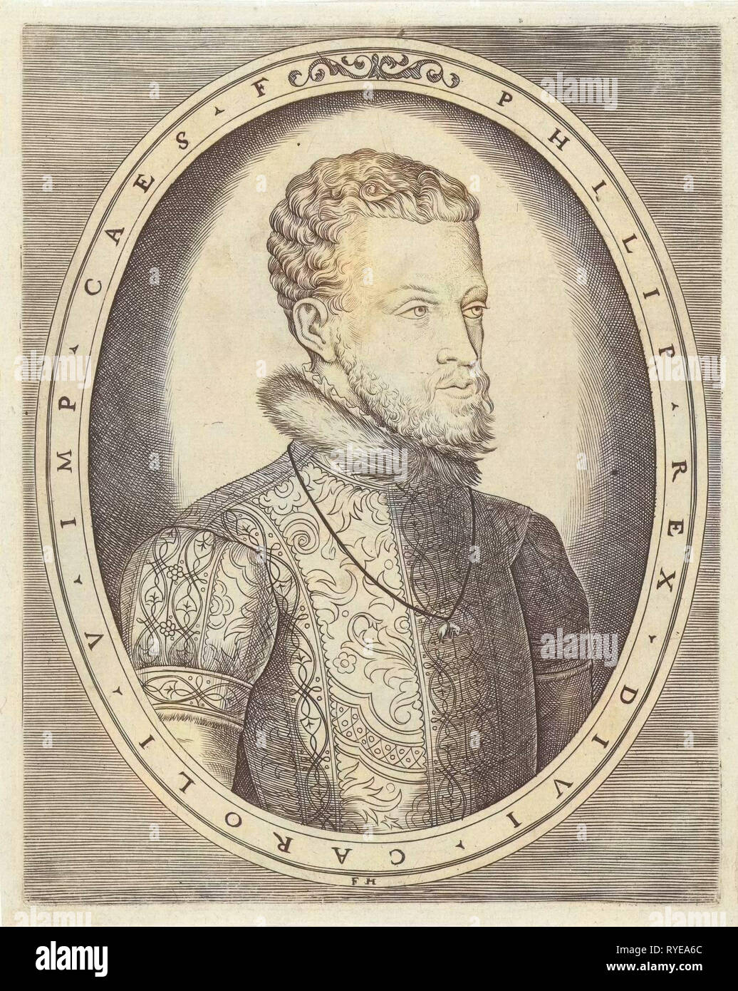 Büste von Karl V. von Habsburg, der deutsche Kaiser, König von Spanien, auf der rechten Seite in einem Ovalen Rahmen mit Inschrift in Latein, die Inschrift ist Charles' Sohn Philipp II., König von Spanien, drucken Teekocher: Frans Huys (auf Objekt erwähnt), 1546 - 1562 Stockfoto