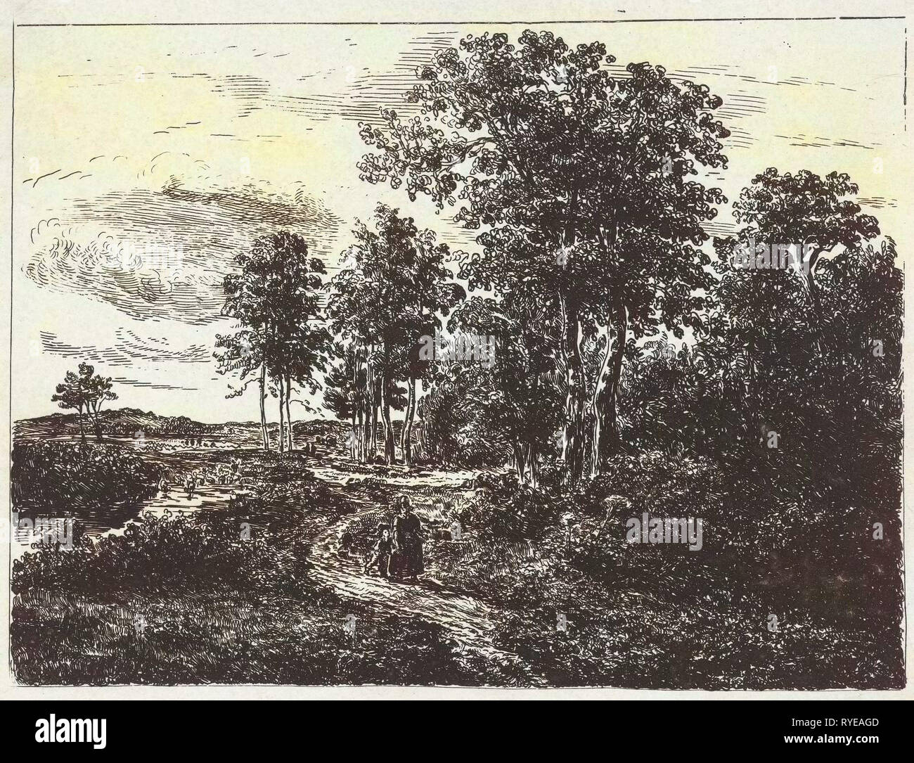 Waldlandschaft mit Frau und Jungen auf dem Weg, Johannes Adrianus van der Drift, 1847-1857 Stockfoto