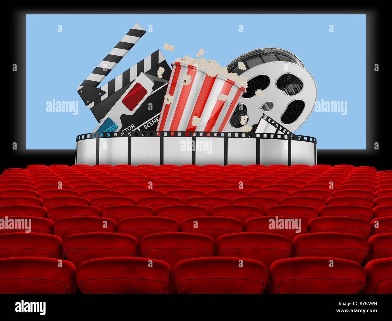 Kino mit Popcorn und Film. 3D-Rendering Stockfoto