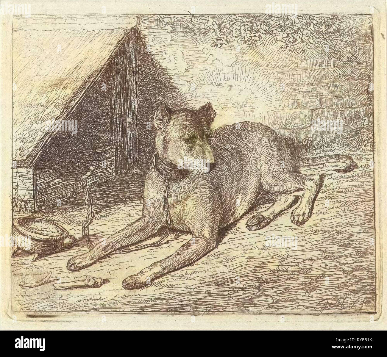 Hund an einer Kette und eine Hundehütte, Johannes Mock, 1810-1884 Stockfoto