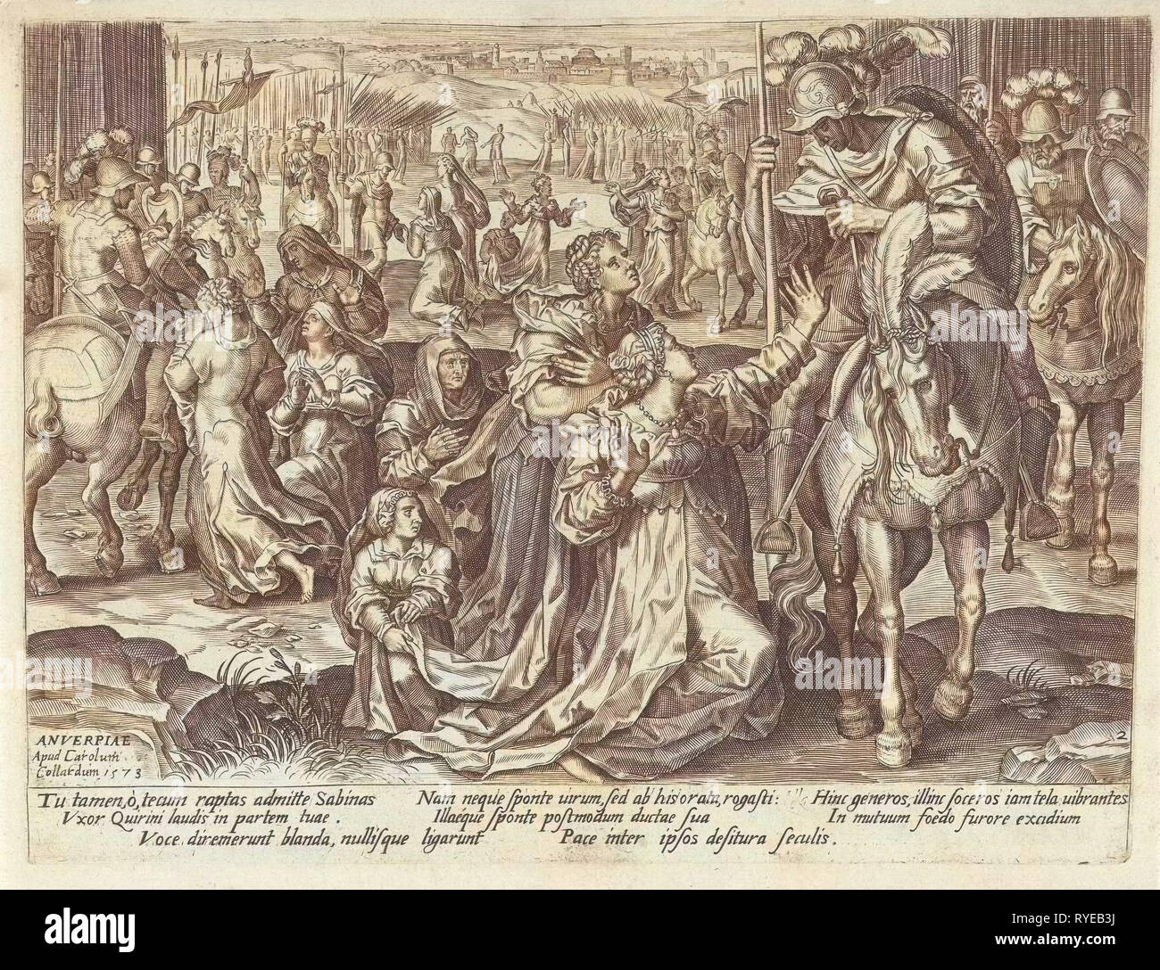 Die Sabine Frauen auf Römischen und Sabine Soldaten zu Pferd kniete und sie bitten, Kämpfe zu beenden, Ereignisse aus der römischen Geschichte, drucken Teekocher: Pieter Jalhea Furnius, Dating 1573 Stockfoto