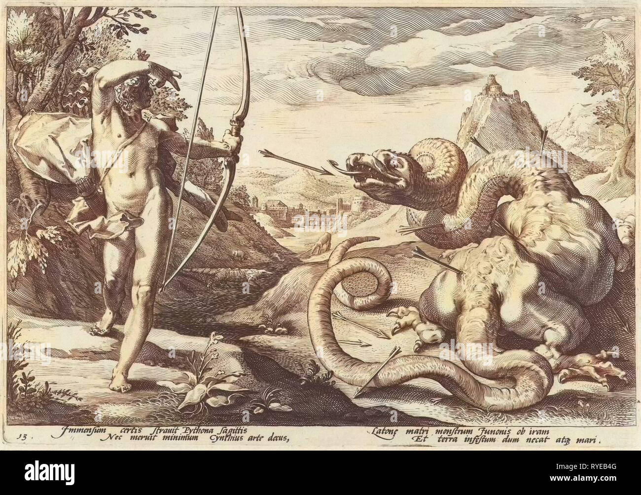 Apollo tötet mit vielen Pfeilen die riesige Schlange Python (mehr hier wie ein Drache abgebildet, mit Beinen), Geschichten aus Ovids Metamorphosen, drucken Teekocher: Hendrick Goltzius (Werkstatt), Dating 1589 Stockfoto