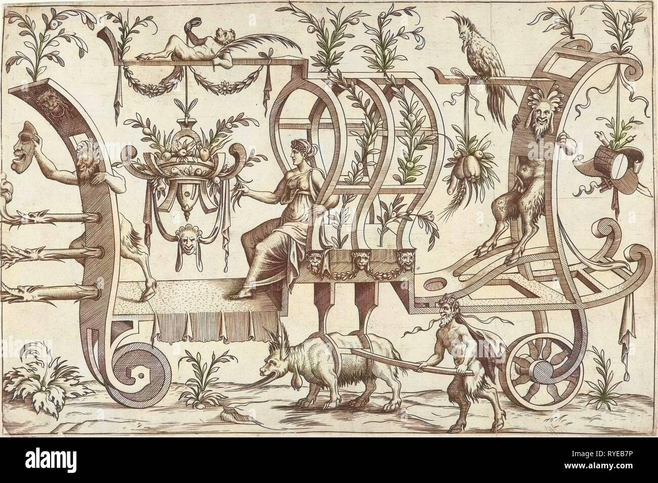 Chariot gezeichnet durch ein Fantasie-Tier mit Ziege Spitzbart, print-Hersteller: Anonym, Cornelis Bos, 1550 Stockfoto