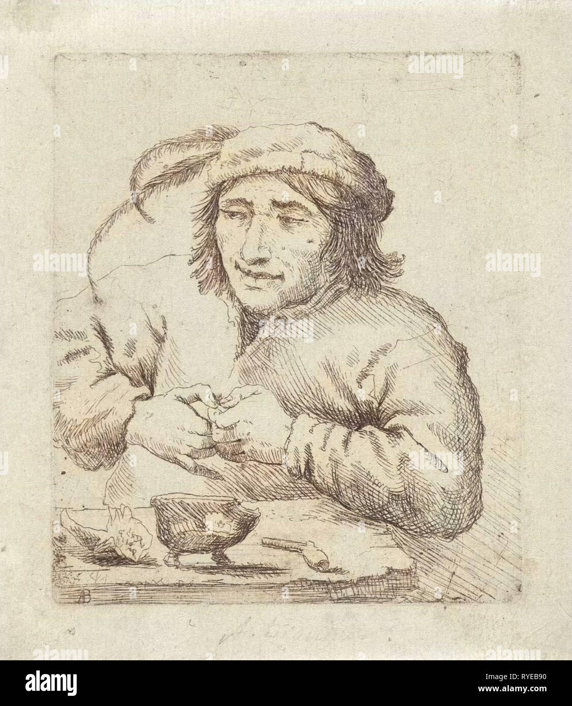 Ein Mann mit einem Hut mit Federn sitzt an einem Tisch, vor ihm Tabak und ein Rohr, drucken Teekocher: Anonyme, Dating 1622 - 1688 Stockfoto
