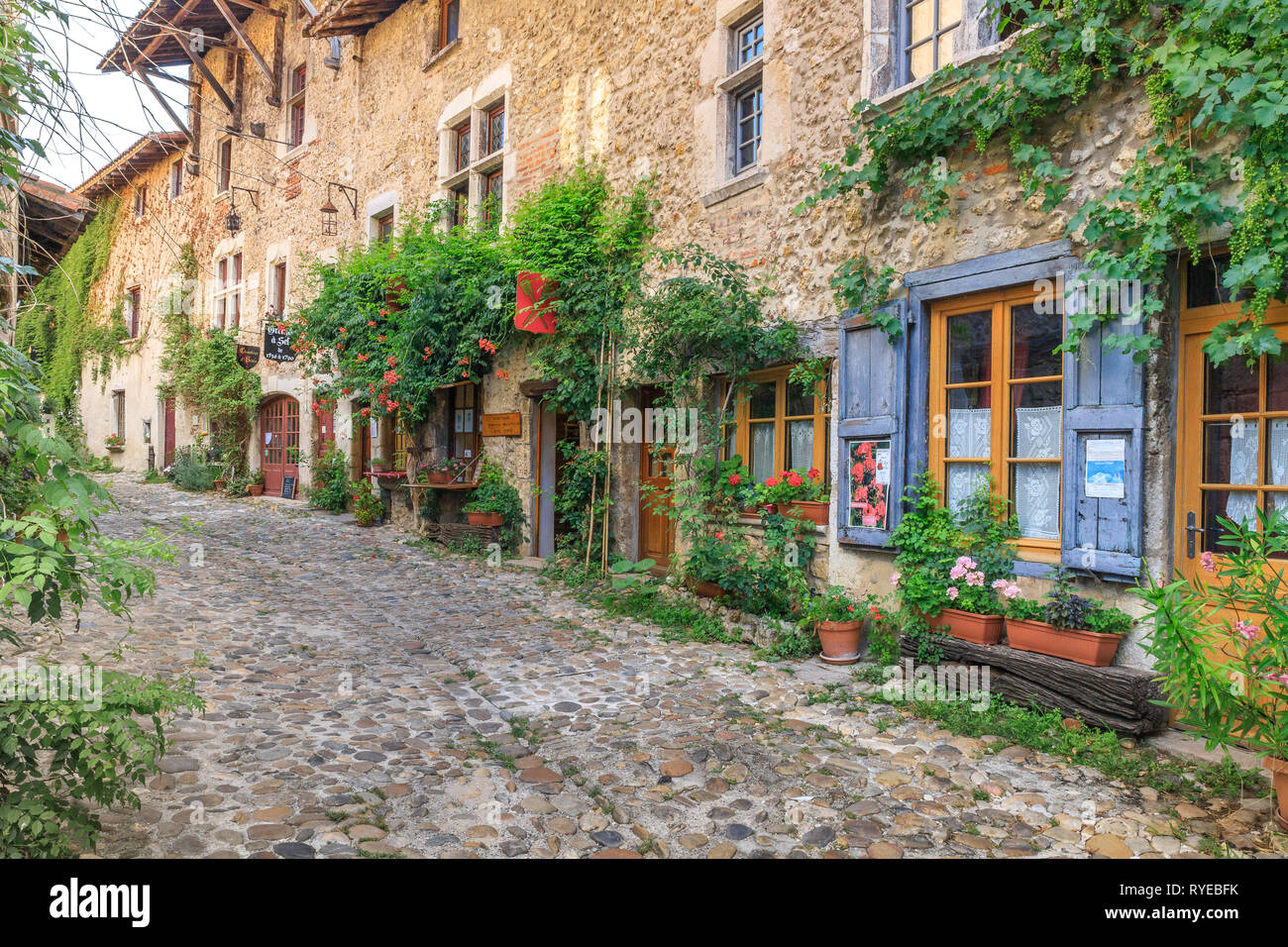 Frankreich, Ain, Perouges, mittelalterliche Stadt, mit der Bezeichnung les plus beaux villages de France (Schönste Dörfer Frankreichs), Rue des Rondes, Kopfsteinpflaster Stockfoto