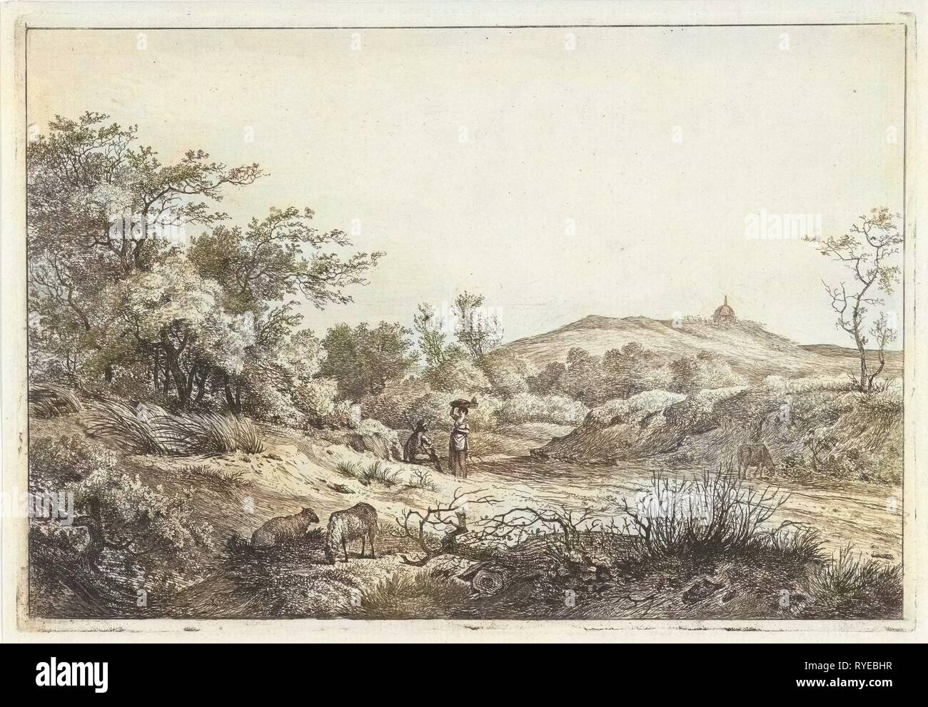 Landschaft mit Hirten und Frau Assuerus van Londerseel, Nicolaes de Bruyn, 1598-1602 Stockfoto