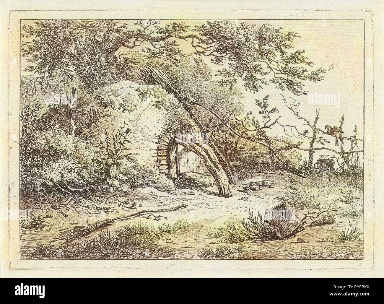 Halbrunde Ofen an einem Baum, gegen den Backofen ist ein Besen, der Ofentür mit einem gebogenen Trunk, drucken Teekocher: Hermanus Fock, Dating 1809 geschlossen ist. Stockfoto