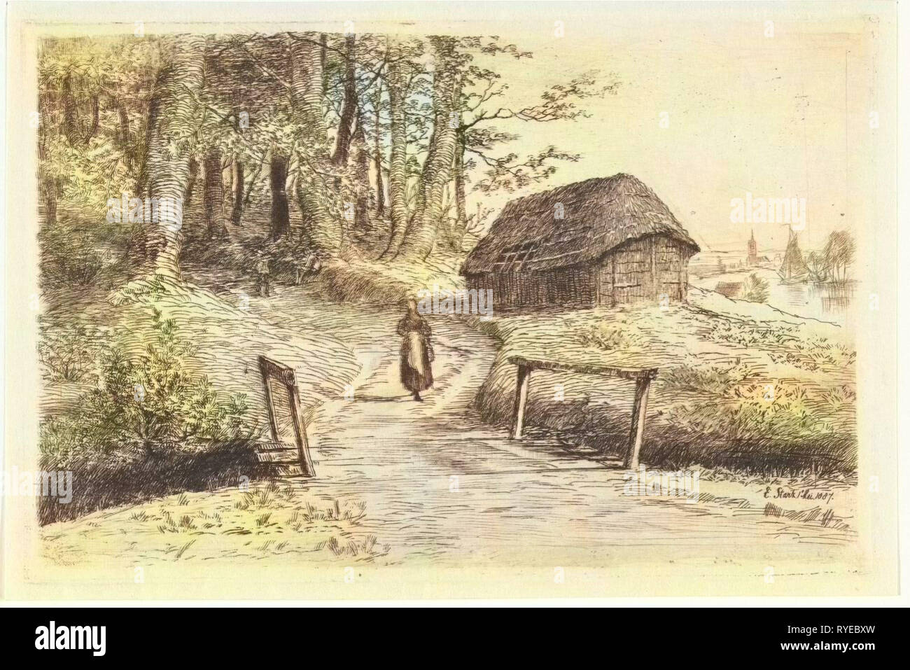 Landschaft mit Brücke und Scheune, Elias Stark, 1887 Stockfoto