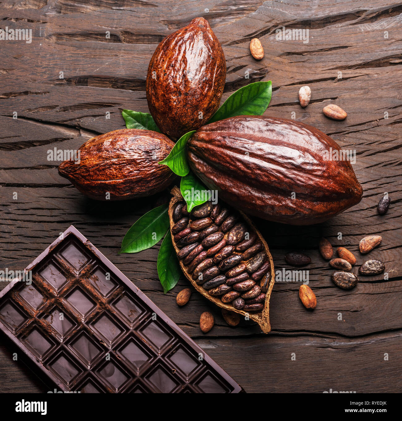 Kakaofrucht, Kakao und Schokolade auf dem Holztisch. Ansicht von oben. Stockfoto
