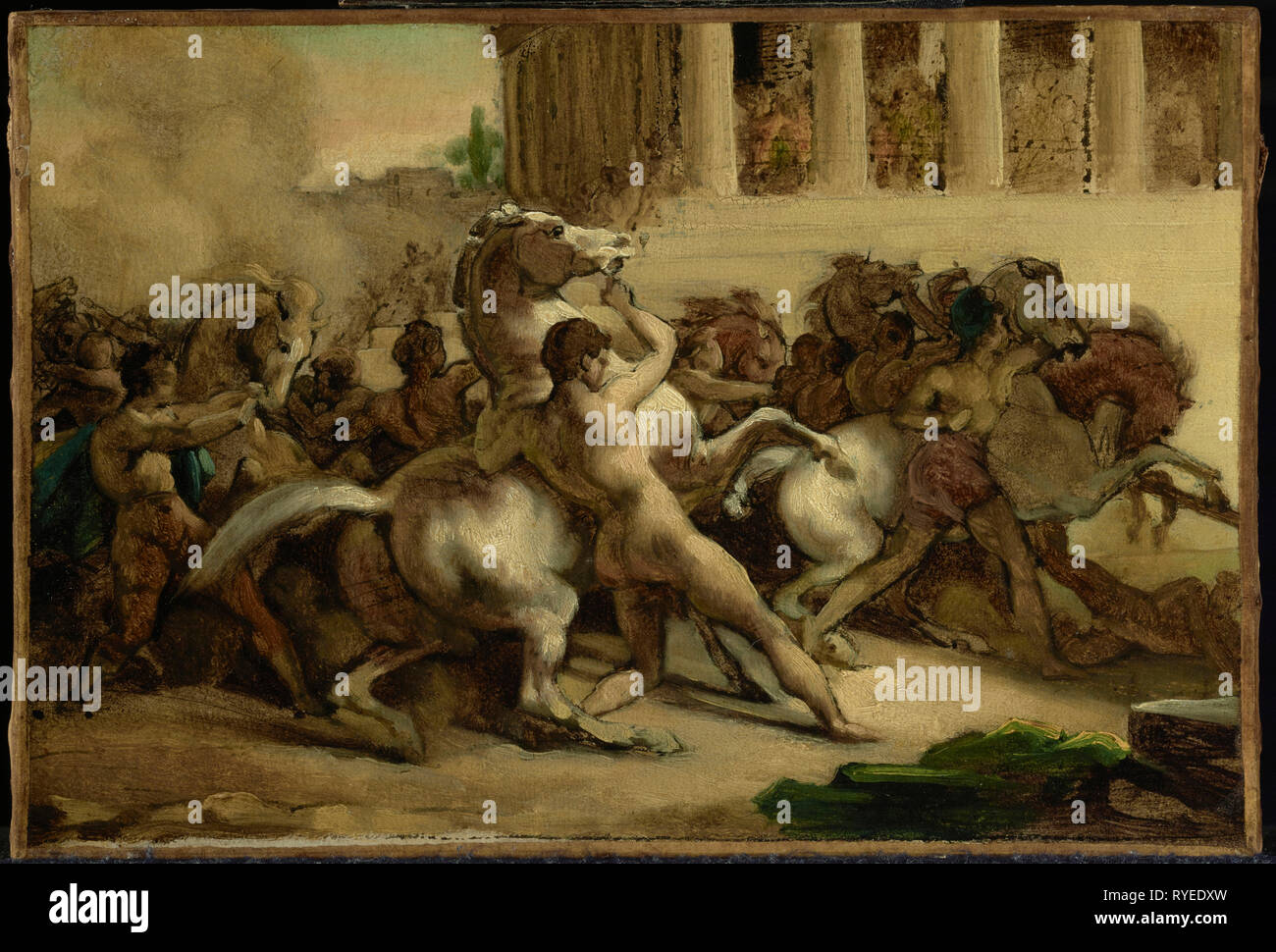 Die Rasse der Riderless Pferde; Théodore Géricault (Französisch, 1791 - 1824); 1817; Öl und Feder und Tinte auf Papier auf Leinwand; 19,8 x 29,1 cm (7 13/16 x 11 7/16 in.); 85. PC. 406 Stockfoto