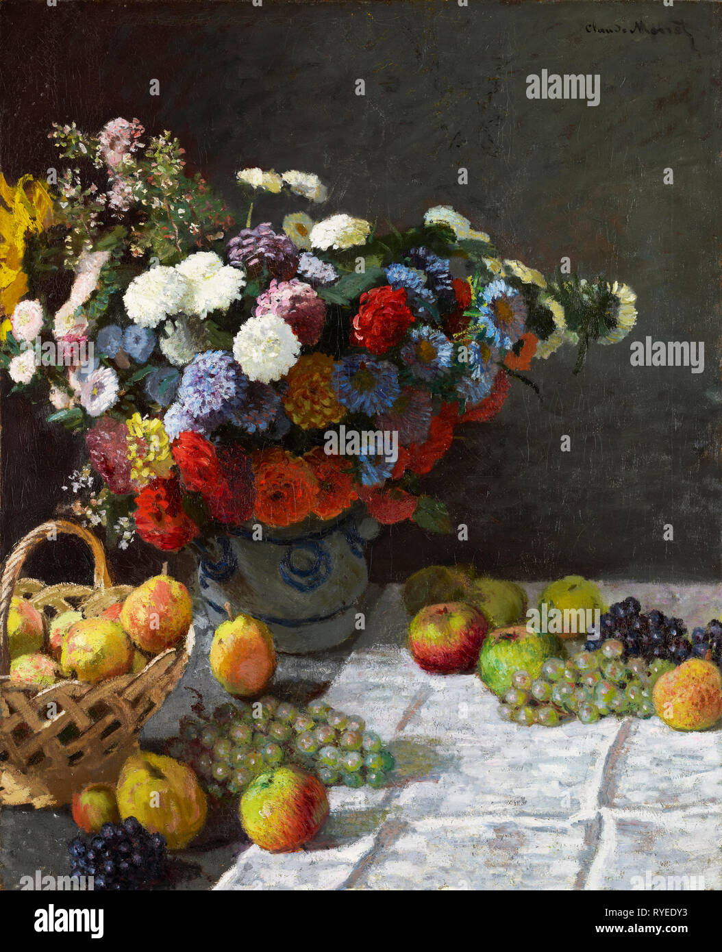 Stillleben mit Blumen und Früchte; Claude Monet (Französisch, 1840 - 1926); Frankreich; 1869; Öl auf Leinwand, 100,3 x 81,3 cm (39 1/2 x 32 in.); 83. PA.215 Stockfoto