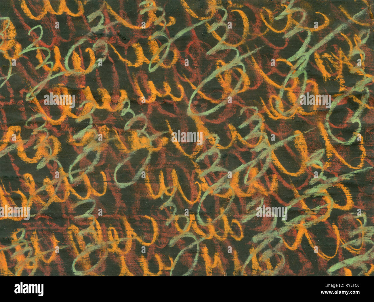 Abstrakte orange Wort und Schreiben auf braunem Hintergrund, grunge Textur alte Mauer mit grauer Oberfläche. Aquarell Pinsel auf Papier. Stockfoto