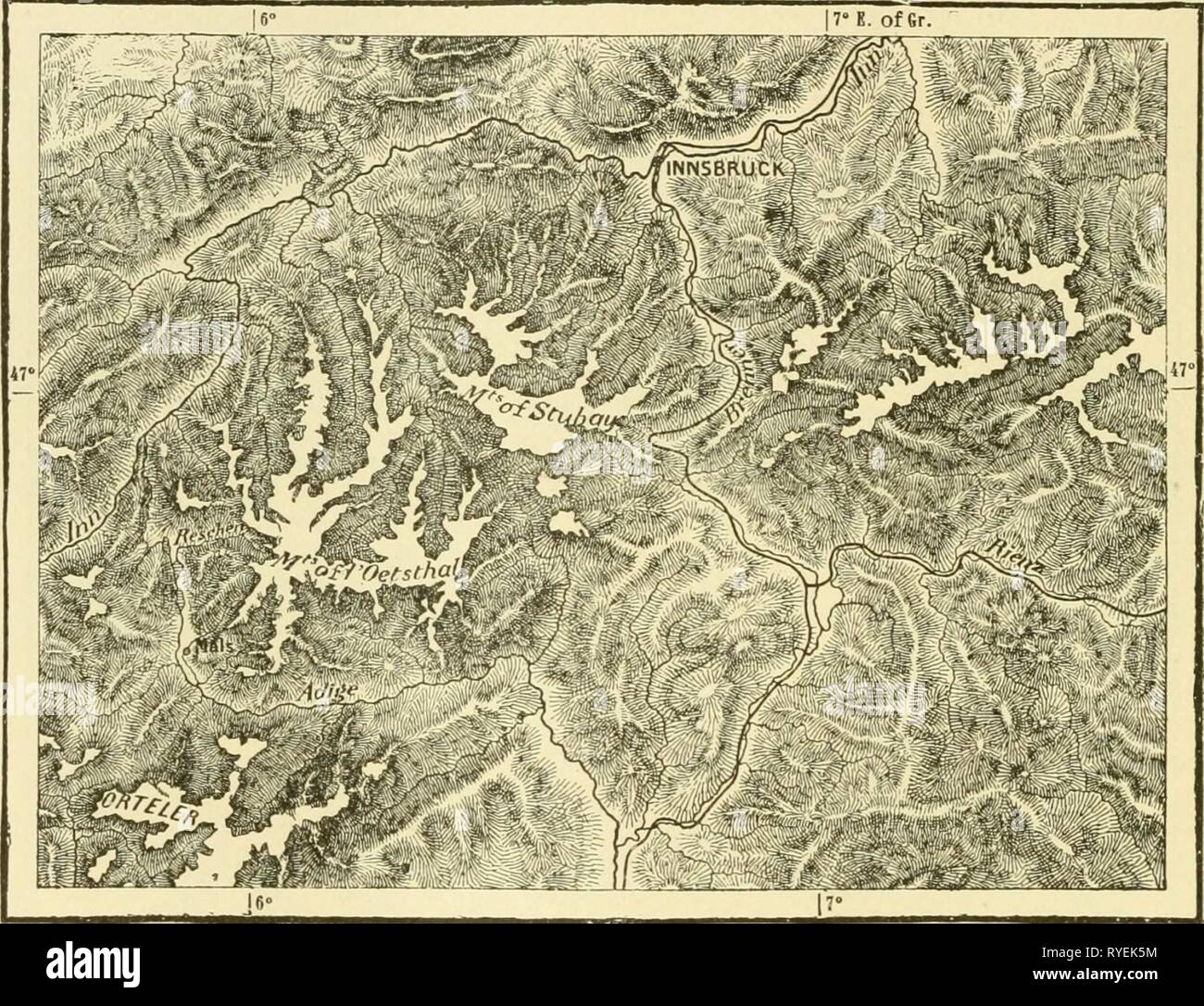 Die Erde und ihre Bewohner.. earthitsinhabita 386 recl Jahr: 1883 8 Österreich - Ungarn. Gletscher oder ewigen Schnee, und es enthält unter seinen zwei hundert und Zwanzig - neun Gletscher, der Gepaatsch, 7 Meilen in der Länge, und die beträchtliche in österreichisches Hoheitsgebiet. Häuser ständig bewohnt sind mit im Tal der Oetz bis zu einer Höhe von knapp 2.135 m. Aber, obwohl der zentralen Teil dieses Berges Gruppe kann verglichen mit Grönland, werden die Sporen, die sich an den Inn und Etsch Abstieg voller sanfter Anmut sind, und die Täler, die sie umschließen, sind die meisten sehr angenehm. Picturesq Stockfoto