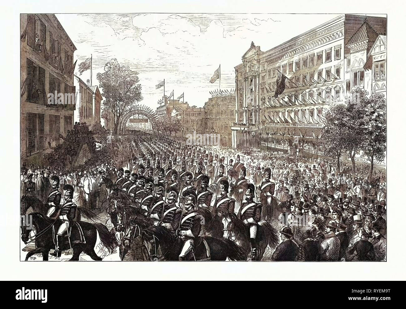 Der Jahrhundertfeier der amerikanischen Unabhängigkeit: Die Vierte im Juli in Philadelphia: Die militärische Prozession, Stadt Truppen durch Broad-Street, 1876 Stockfoto