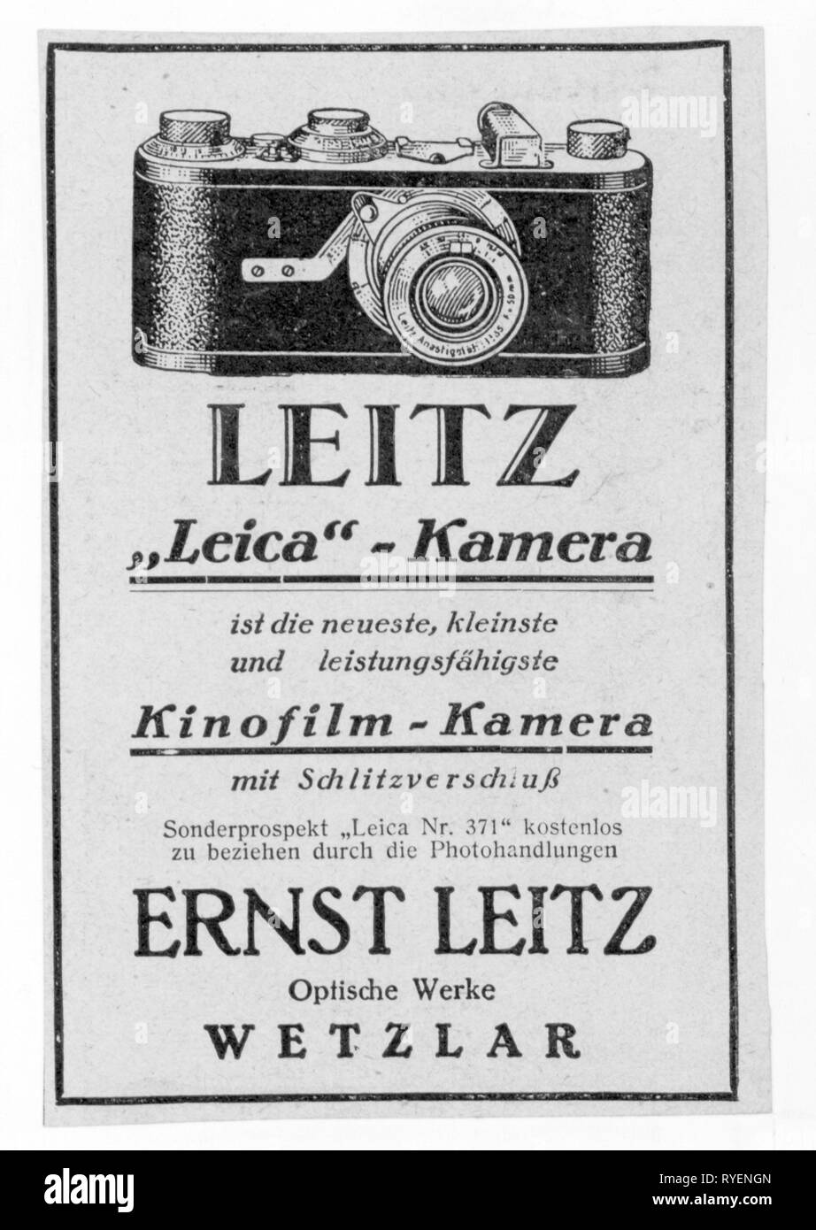 Werbung, Fotografie, Werbung für die Leitz Leica Nr. 371" von Ernst Leitz, Wetzlar, 1925 - Additional-Rights Clearance-Info - Not-Available Stockfoto
