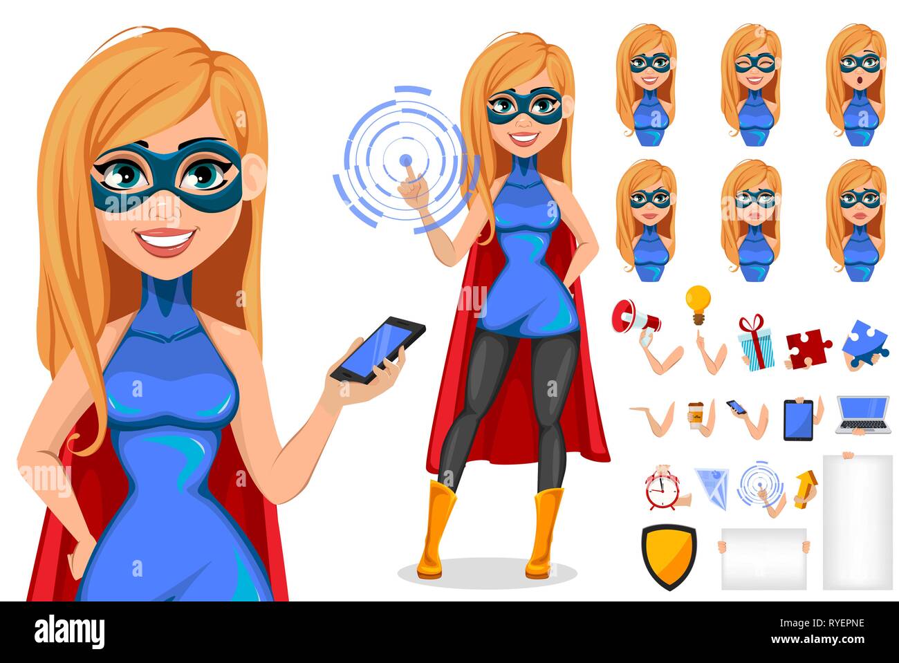 Business woman Superheld, der drei Posen. Konzept der Frau mit Superhelden Kostüm. Pack von Teilen des Körpers, der Gefühle und Dinge. Cartoon Charakter. Stock Vektor