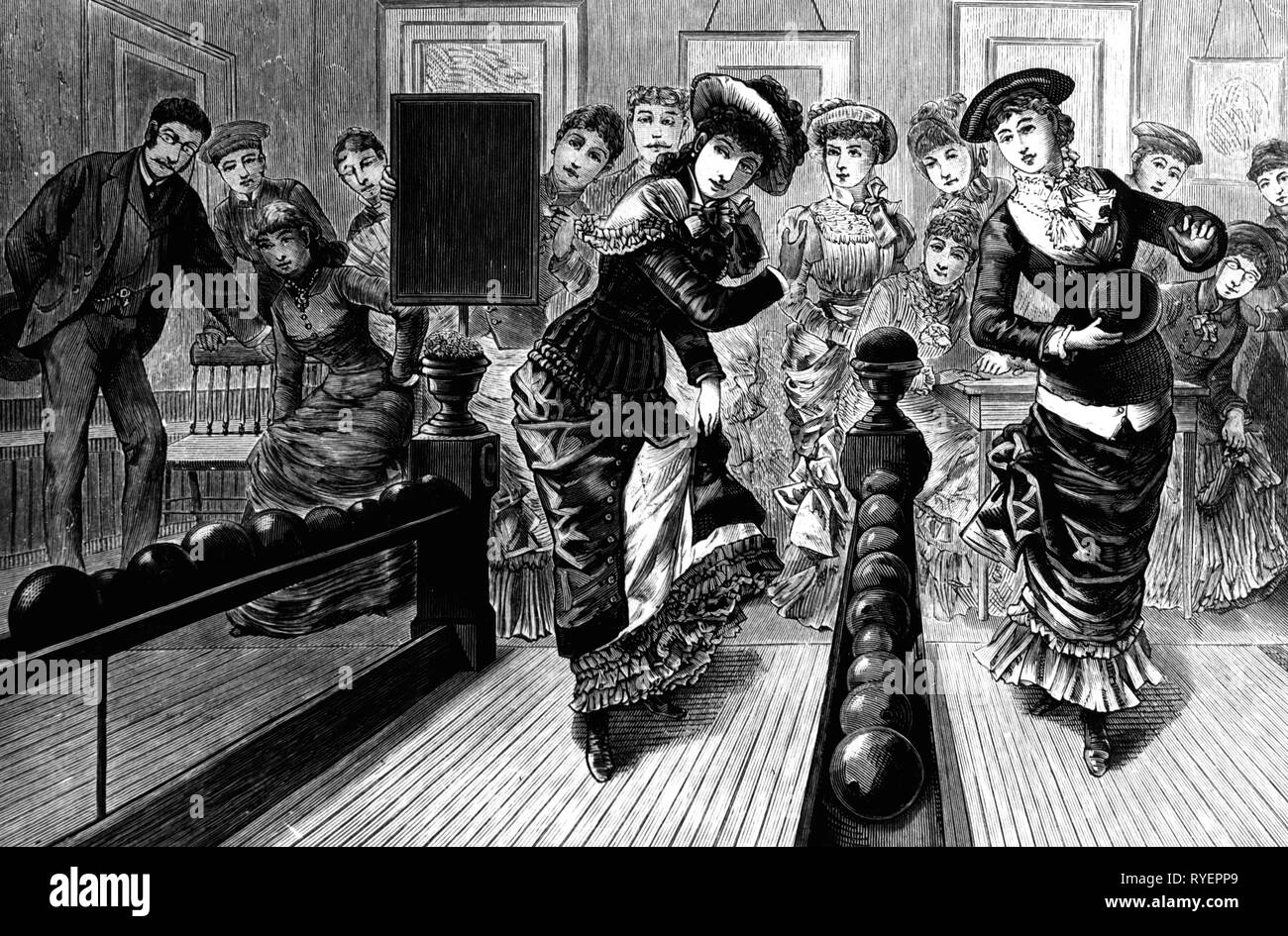 Sport, Schüssel, meine Damen Bowling in New York, Holzstich, ab: "die Leipziger Illustrirte Zeitung", Leipzig, 1883, Additional-Rights - Clearance-Info - Not-Available Stockfoto