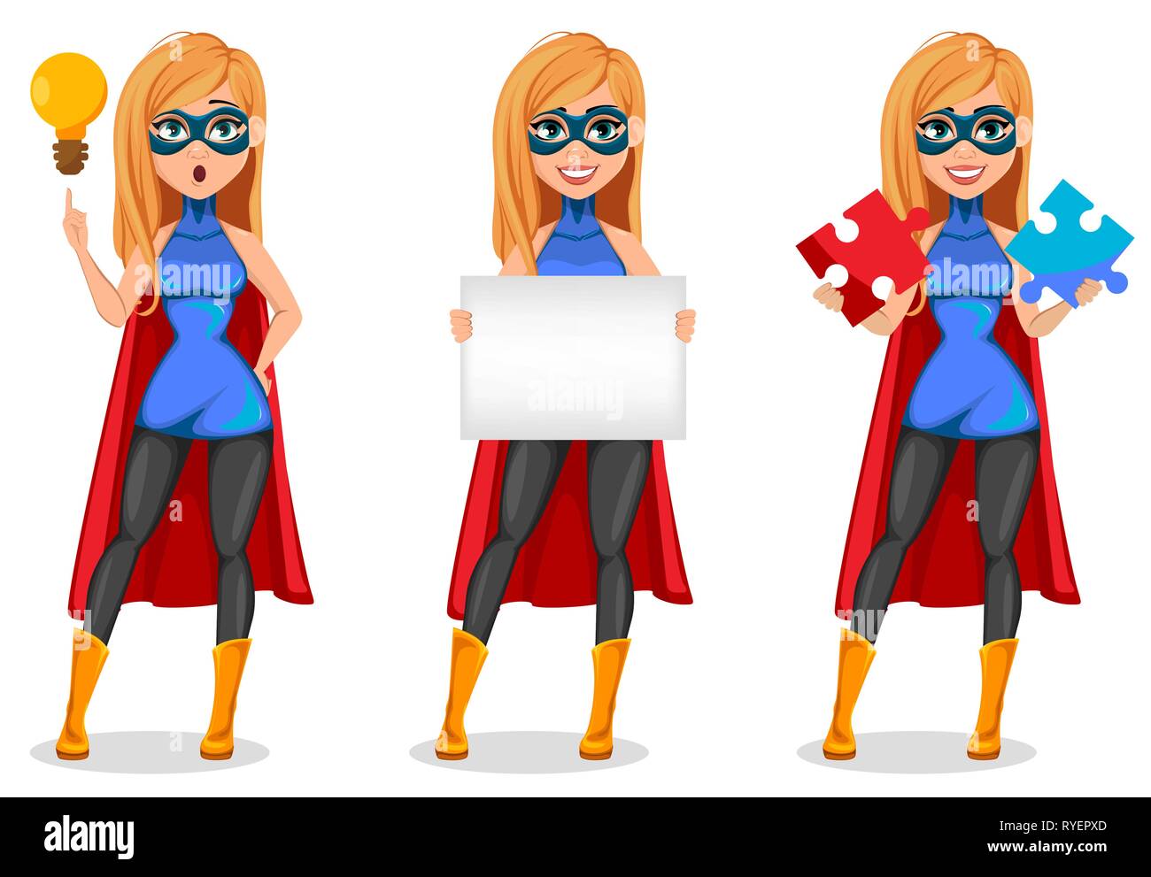 Business woman Superheld, der drei Posen. Konzept der Frau mit Superhelden Kostüm. Cartoon Charakter, der eine gute Idee, Plakat und h Stock Vektor