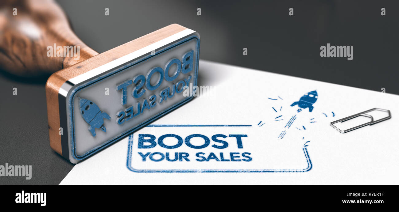 Konzeptionelle 3D-Abbildung: ein Stempel mit der Phrase, die Ihre Verkäufe und eine Rakete auf ein Blatt Papier gedruckt. Marketing oder Business Konzept Stockfoto