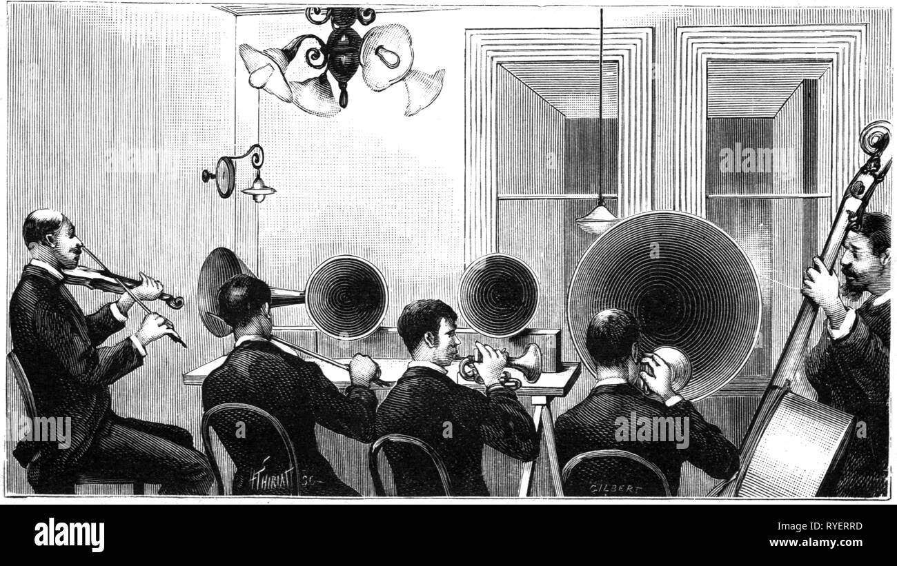 Broadcast, Anfang, Übertragung von einem Konzert durch Telefon, New York City, lange Zeile zu Massachusetts, Holzstich, 1892, Additional-Rights - Clearance-Info - Not-Available Stockfoto