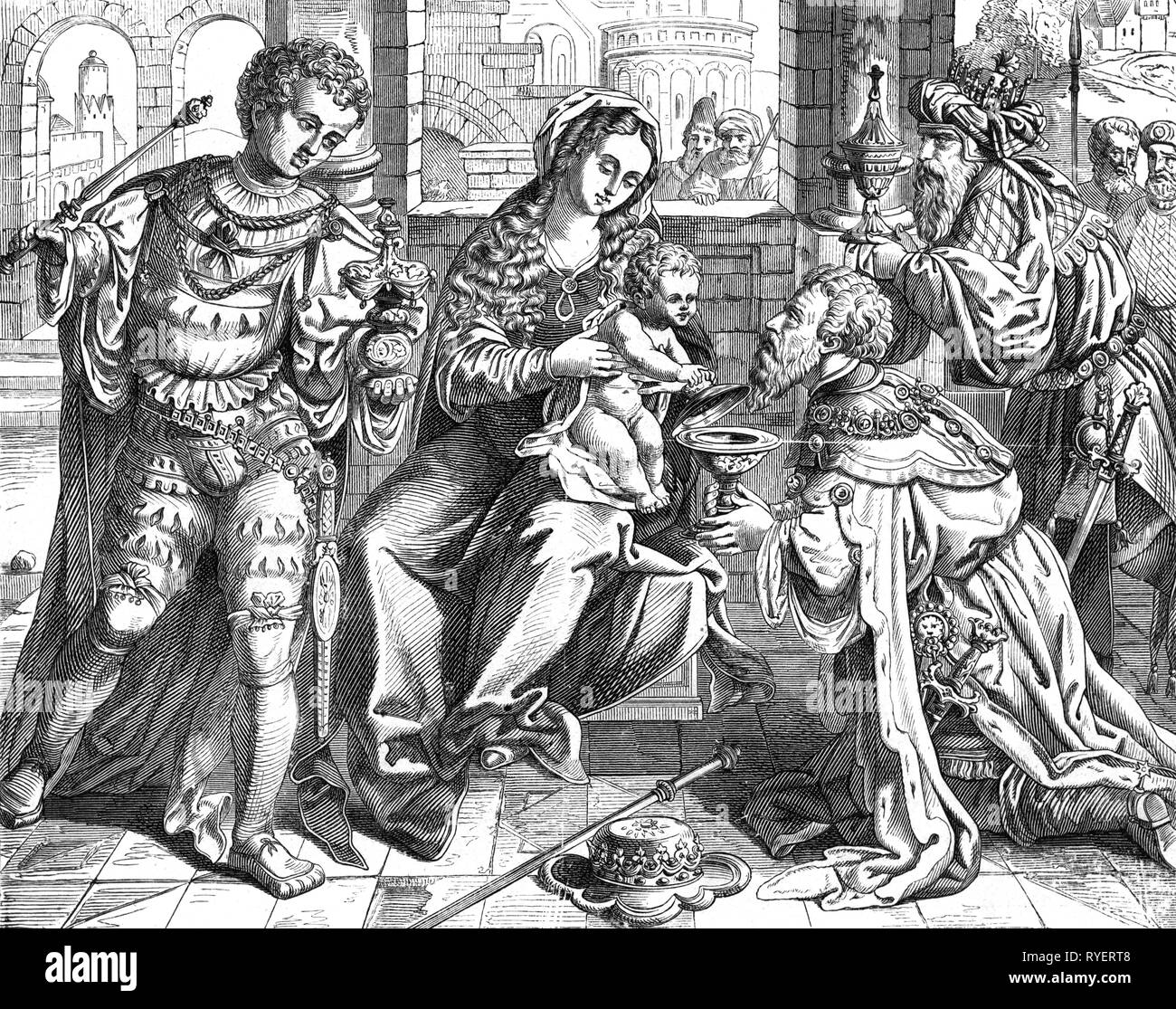 Religion, Christentum, Drei Könige, "drei Weisen", Holzstich, 19. Jahrhundert, Grafik, Grafiken, halbe Länge, halbe Länge, Stehen, Sitzen, Sitzen, Knien, kniend, Maria, Madonna, Jesus Christus, das Jesuskind, Baby Jesus, das göttliche Kind, Kind, Kinder, Kind, Kinder, Geschenke, Geschenk, präsentieren, geben, geben, da, gibt, gab, Gold, Weihrauch, Weihrauch, Kaspar, Melchior, Balthasar, Krippen, Weihnachtskrippen, Messias, Retter, Erlöser, Myrrhe, Religion, Religionen, König, Könige, weiser Mann, der Weisen Frau, Salbei, weisen, klugen Frauen, die Weisen, historischen, Additional-Rights - Clearance-Info - Not-Available Stockfoto