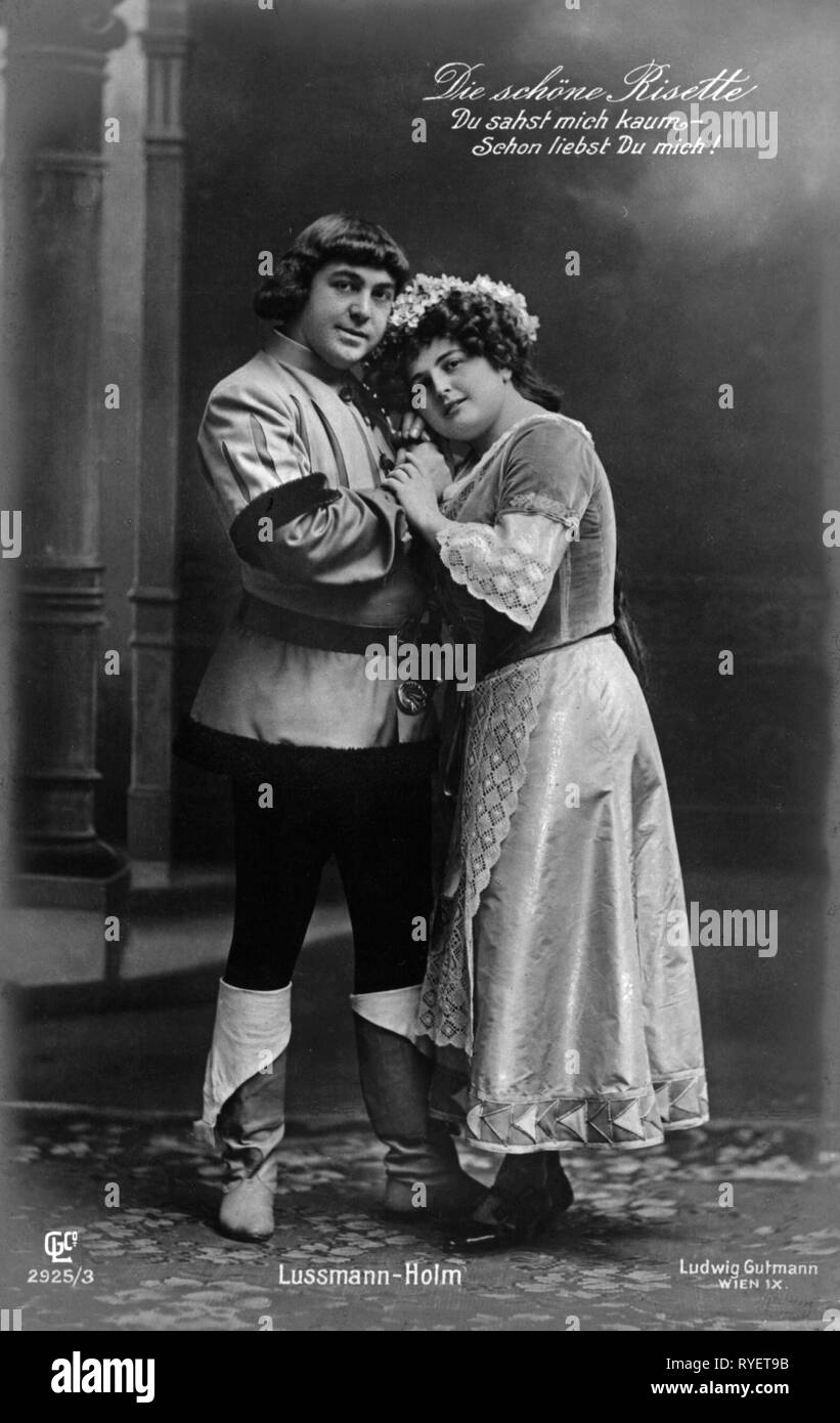 Theater/Theater, der Jahrhundertwende, Adolf Firma, Grete Holm, in 'Die schoene Risette", die von Leo Fall, Postkarte, Wien, um 1910, Additional-Rights - Clearance-Info - Not-Available Stockfoto