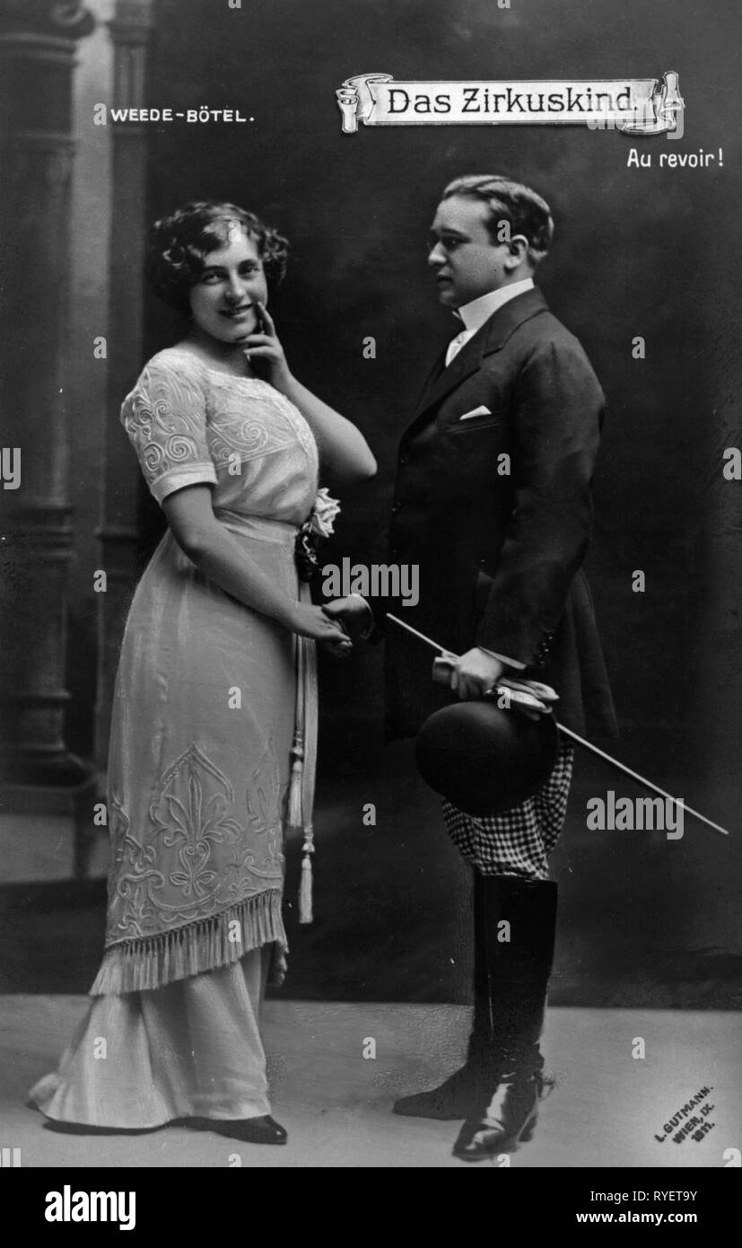 Theater/Theater der Jahrhundertwende, Frau Weede, Bernhard Boetel, in: "Das Zirkuskind" (Der Zirkus Kind), von Edmund Eysler, Postkarte, Wien, 1911, Additional-Rights - Clearance-Info - Not-Available Stockfoto Theater/Theater der Jahrhundertwende, Frau Weede, Bernhard Boetel, in: "Das Zirkuskind" (Der Zirkus Kind), von Edmund Eysler, Postkarte, Wien, 1911, Additional-Rights - Clearance-Info - Not-Available Stockfoto