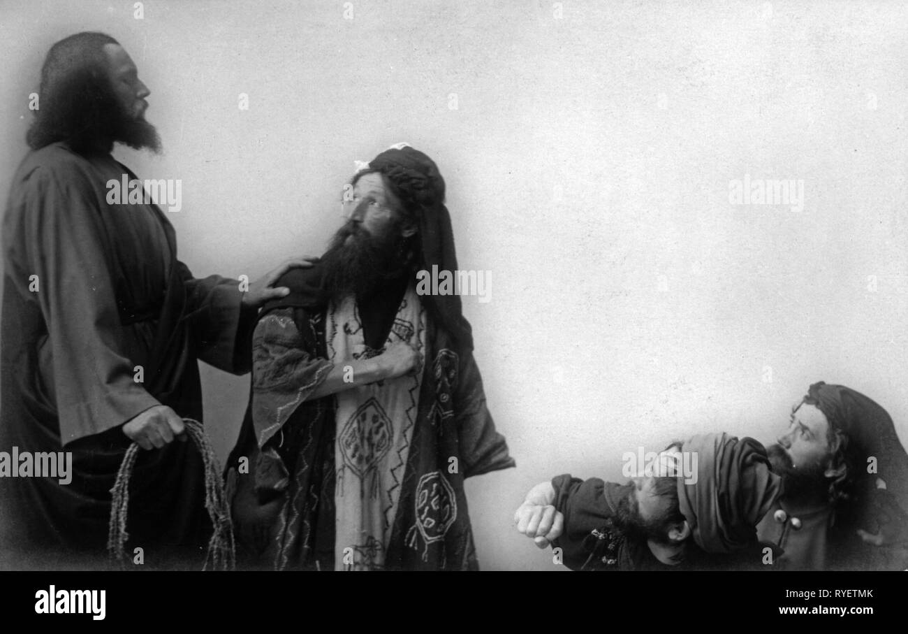 Theater/Theater, Passionsspiele Oberammergau 1910, Jesus Christus (Anton Lang), die Vertreibung der Händler aus dem Tempel, Postkarte, F. Bruckmann, München, 1910, Additional-Rights - Clearance-Info - Not-Available Stockfoto