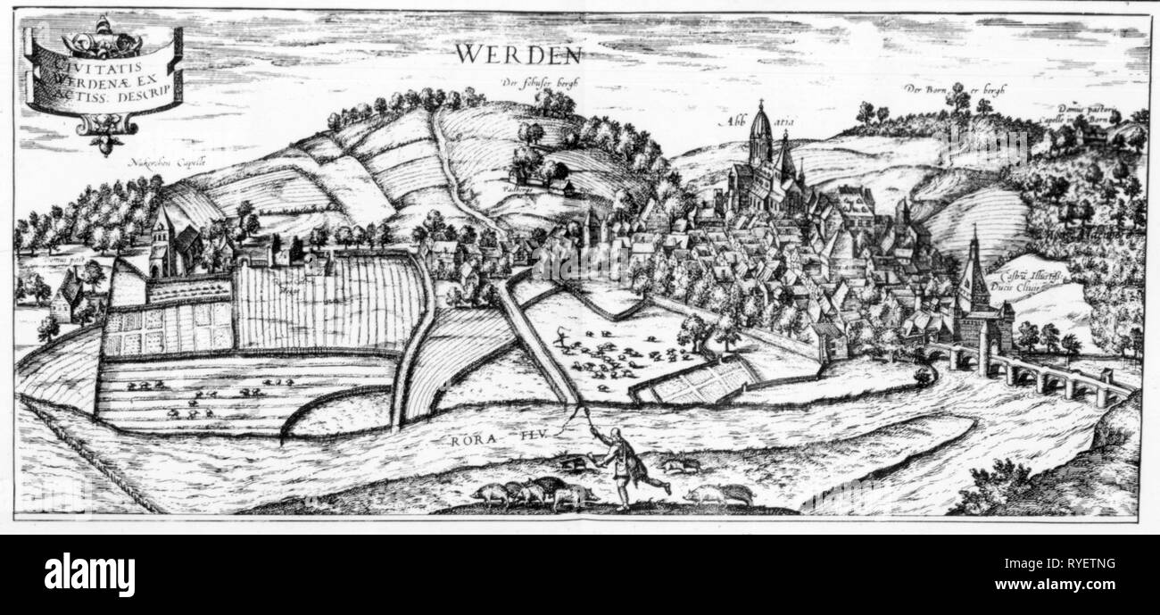 Geographie/Reisen historische, Deutschland, Städte und Gemeinden, Essen, Aussicht, Kupferstich, "Civitates Orbis Terrarum" von Georg Braun und Frans Hogenberg, 1572-1618, Artist's Urheberrecht nicht gelöscht werden Stockfoto