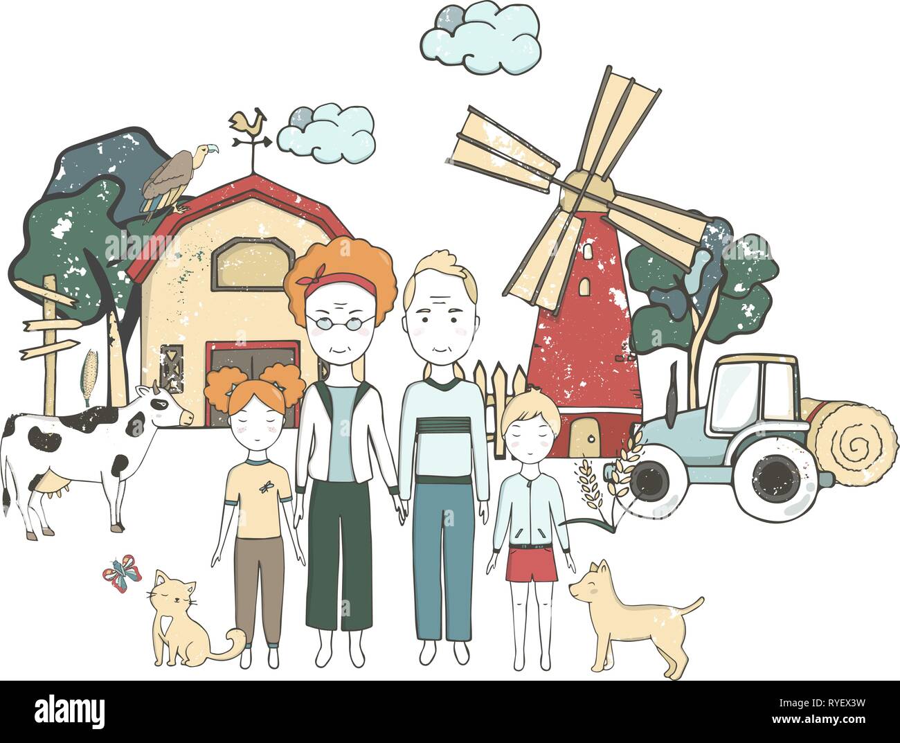 Landwirtschaftlichen Haushalt oder Landwirt Landwirtschaft und Viehzucht Vektor flache Bauform. Abbildung grunge style Textur gezeichnet. Süße Kuh mit roten alte Mühle c Stock Vektor