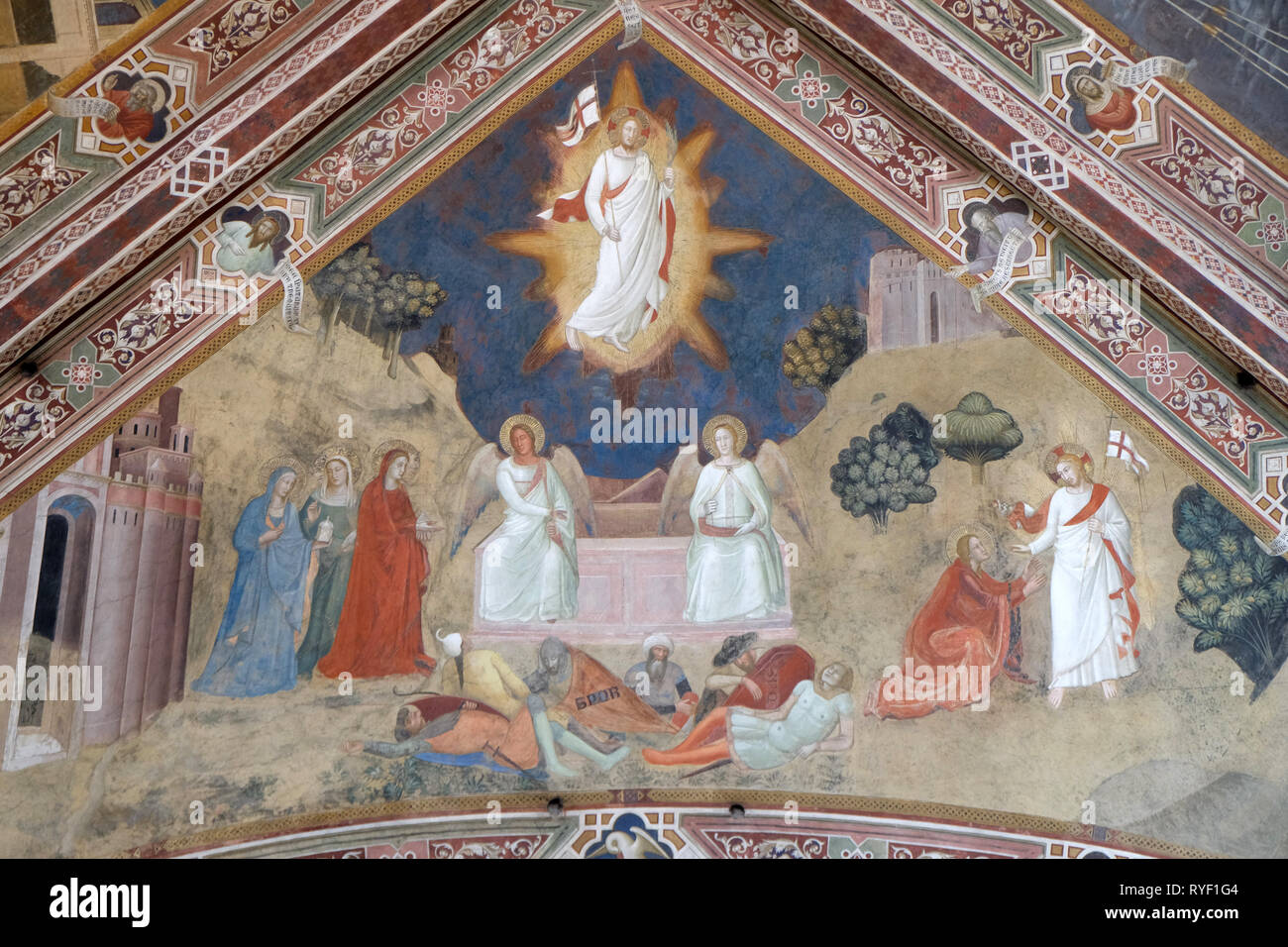 Die Auferweckung Christi, Fresko von Andrea Bonaiuto Di, Detail von Passion und Auferstehung Christi, der Kirche Santa Maria Novella in Florenz Stockfoto