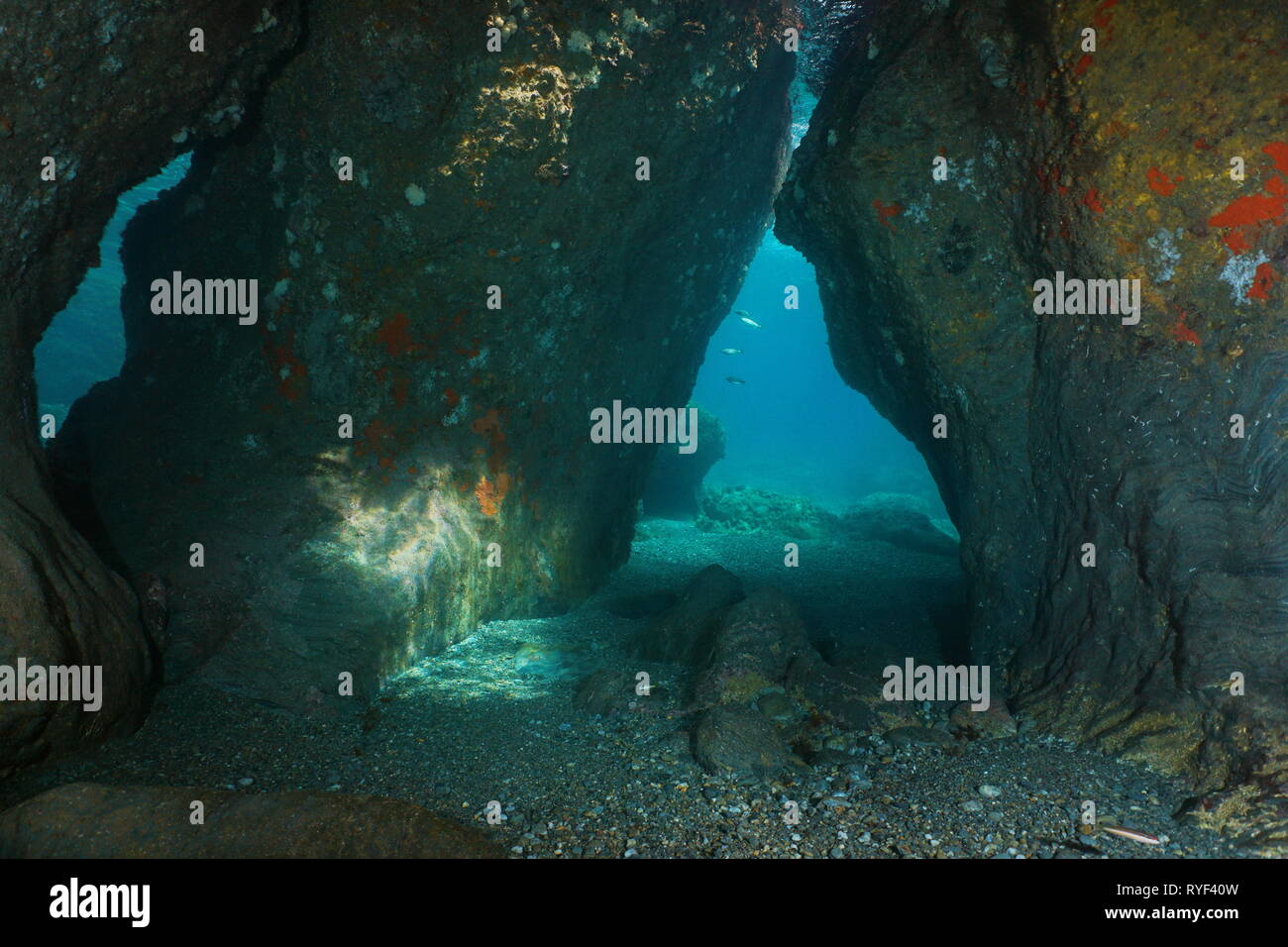 Durchgang zwischen Felsen unter Wasser im Mittelmeer, natürlichen Szene, Frankreich Stockfoto