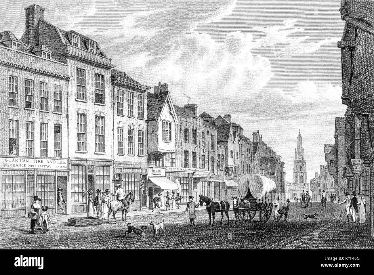 Ein Kupferstich von Westgate Street, Gloucester, Gloucestershire, UK gescannt und in hoher Auflösung aus einem Buch 1825 veröffentlicht. Glaubten copyright frei. Stockfoto